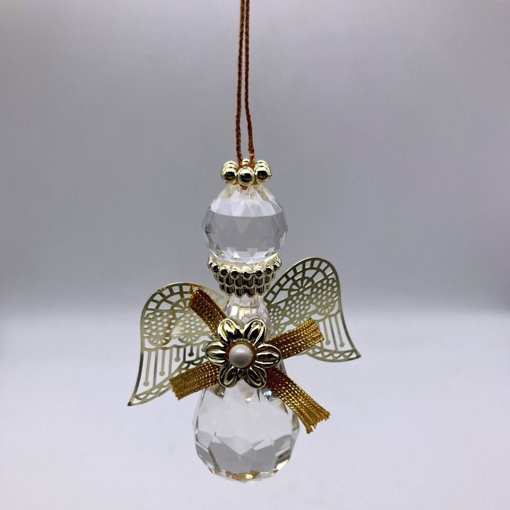 Christmas Ornament Clear Plastic Angel with Gold Tone Filigree Designed Wings